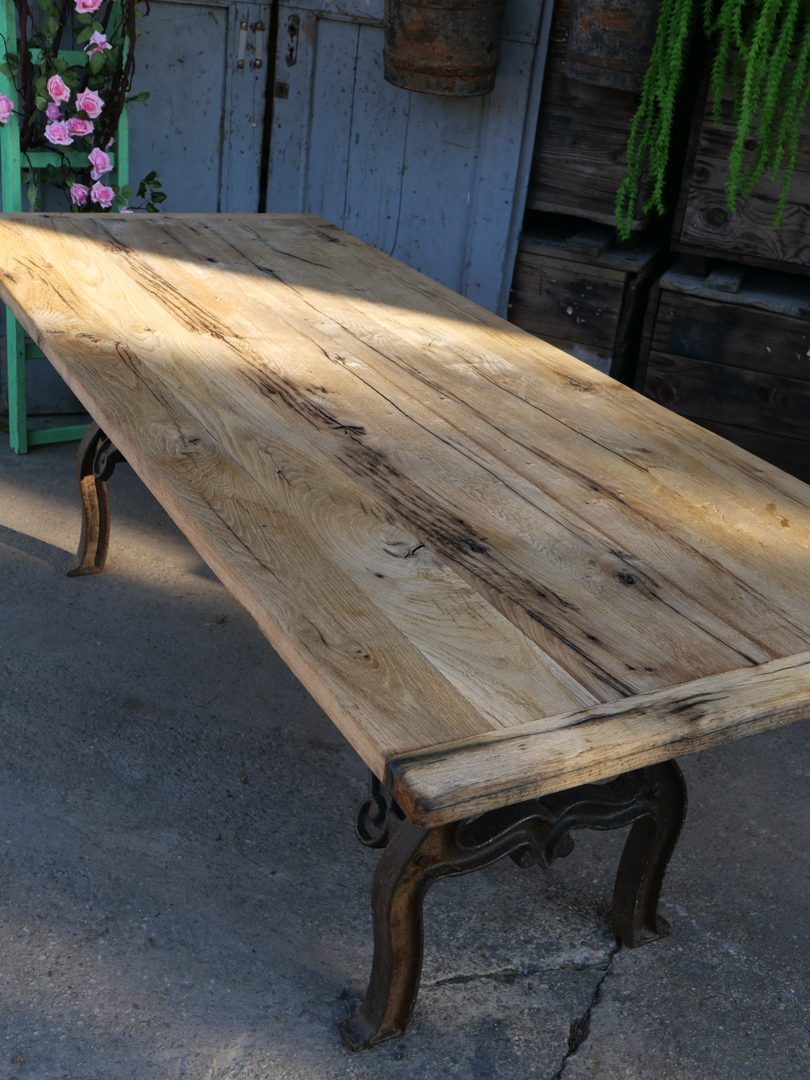 table industrielle plateau ancien chene massif pietement fonte americain – Image 10