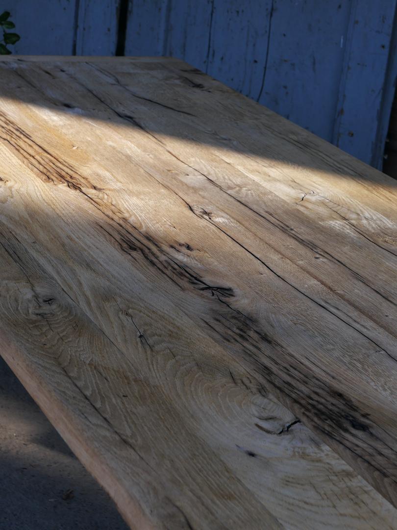 table industrielle plateau ancien chene massif pietement fonte americain – Image 11