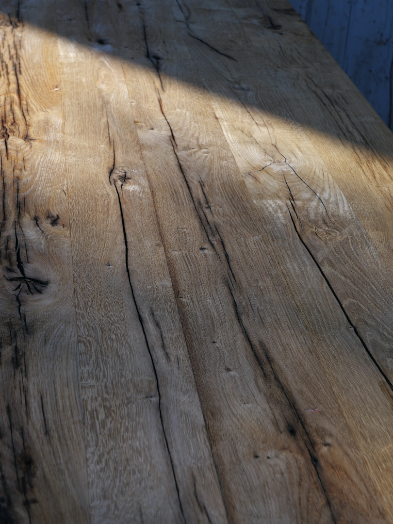 table industrielle plateau ancien chene massif pietement fonte americain – Image 12