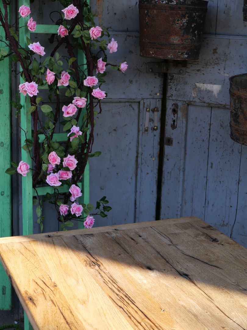 table industrielle plateau ancien chene massif pietement fonte americain – Image 15