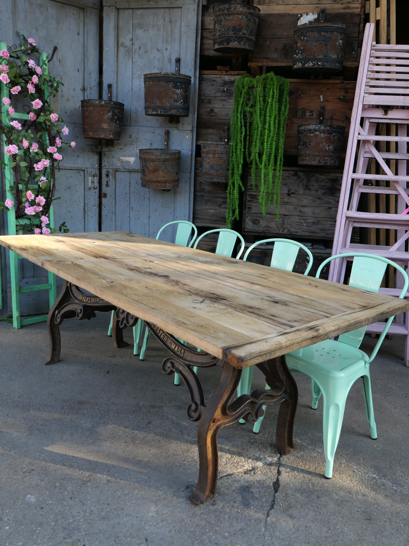 table industrielle plateau ancien chene massif pietement fonte americain – Image 18