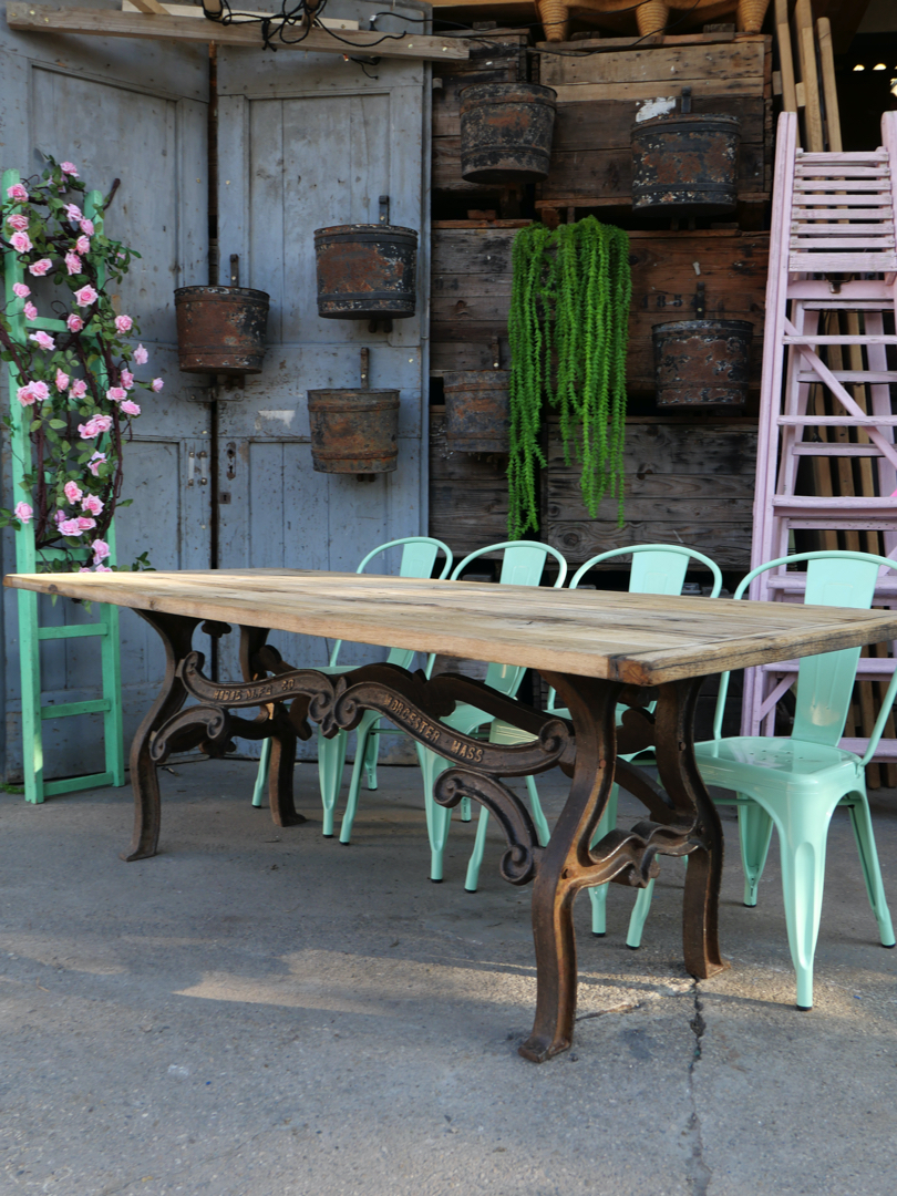 table industrielle plateau ancien chene massif pietement fonte americain – Image 21