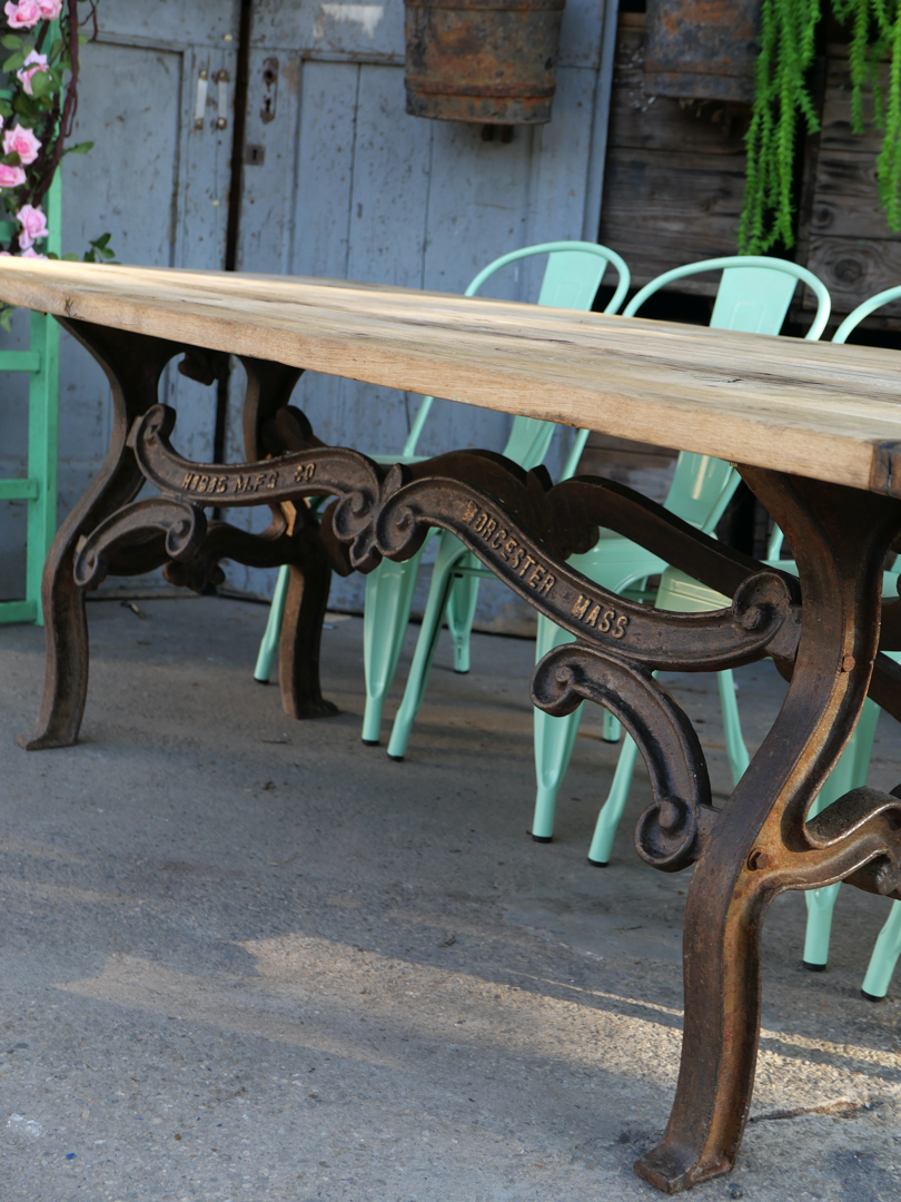 table industrielle plateau ancien chene massif pietement fonte americain – Image 20