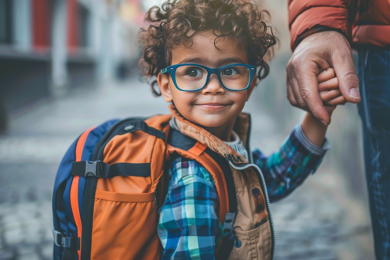 Curly-haired child with glasses holding parent's hand on urban walkway. First day of school excitement. Family support and educational growth concept.