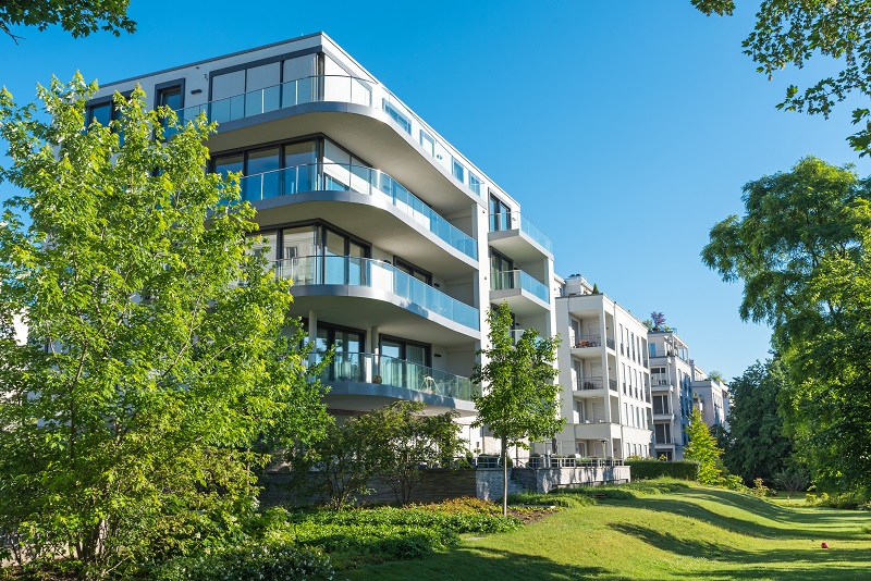 Modern apartment houses with garden seen in Berlin, Germany