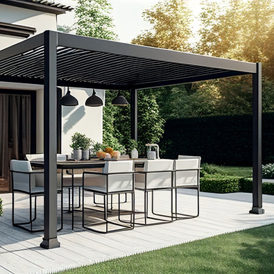 Modern patio furniture includes a pergola shade structure, an awning, a patio roof, a dining table, seats, and a metal grill. Generative AI