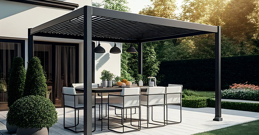 Modern patio furniture includes a pergola shade structure, an awning, a patio roof, a dining table, seats, and a metal grill. Generative AI