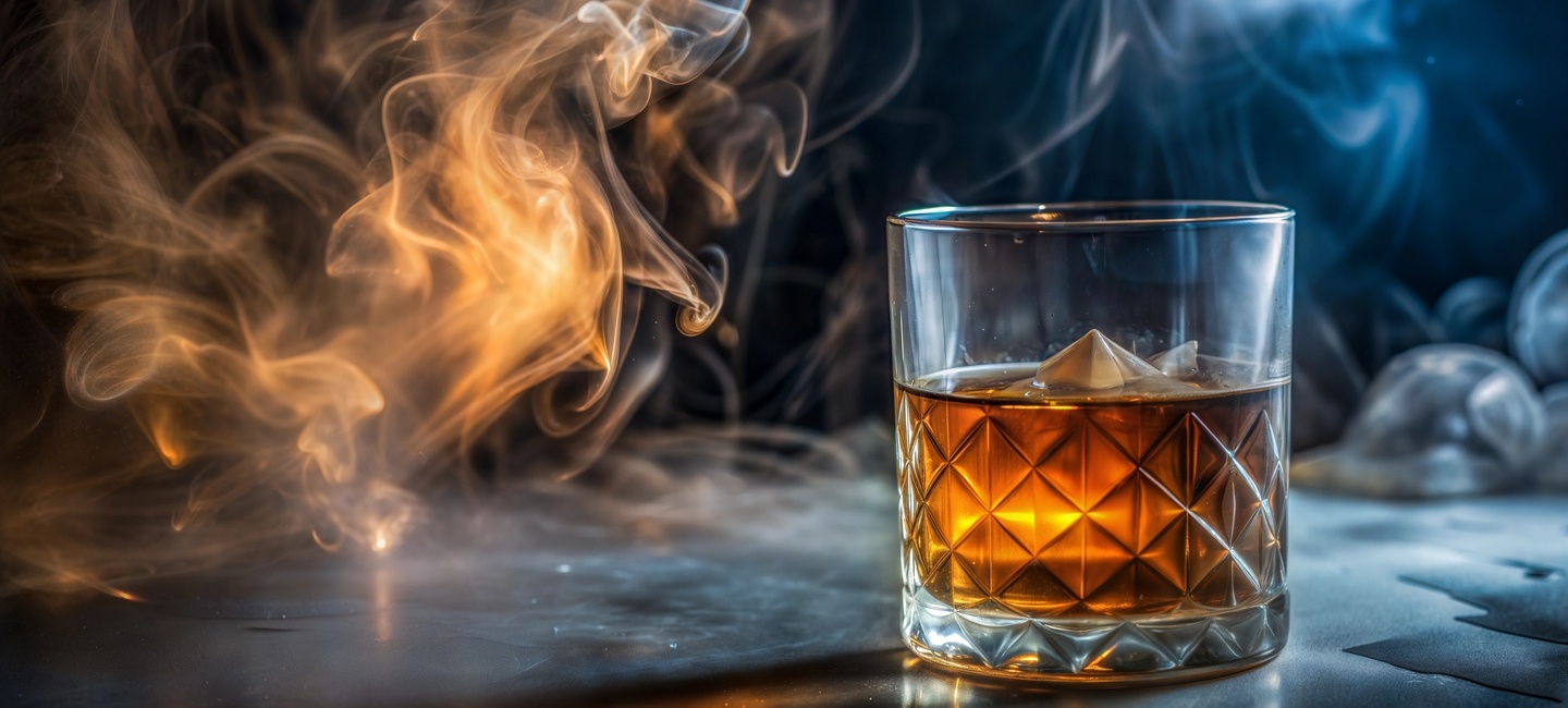 Glass of whiskey with ice and smoke on dark background