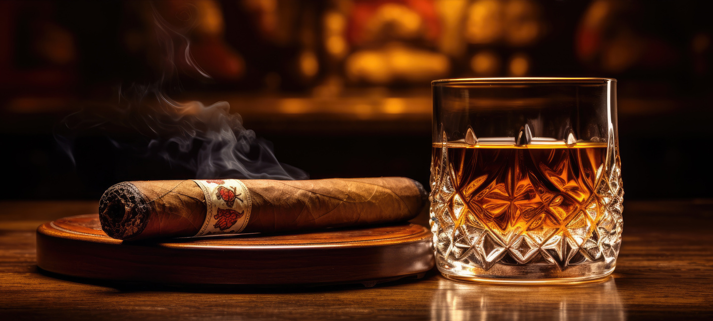 Whiskey glass on wooden table with luxury cigar. Alcohol cognac and cubanian cigar.