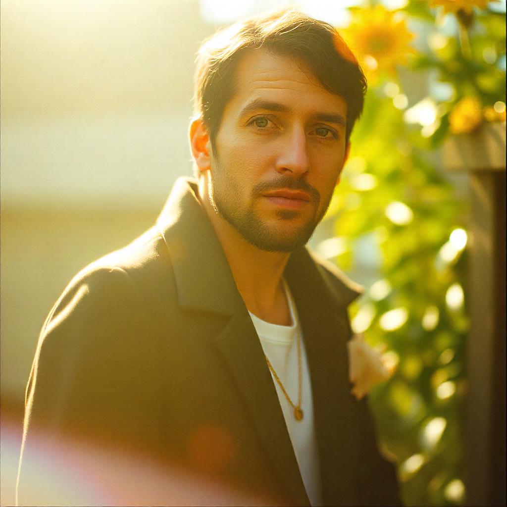 Exemple de réalisation graphique avec intelligence artificielle, c'est un portrait d'homme avec une lumière naturelle et imparfaite