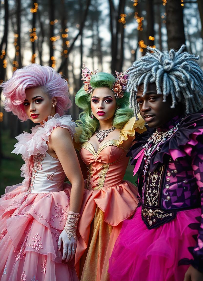 Exemple de réalisation graphique avec intelligence artificielle, c'est une fausse photographie avec des personnages habillés en costume historique mais d'une façon décalée