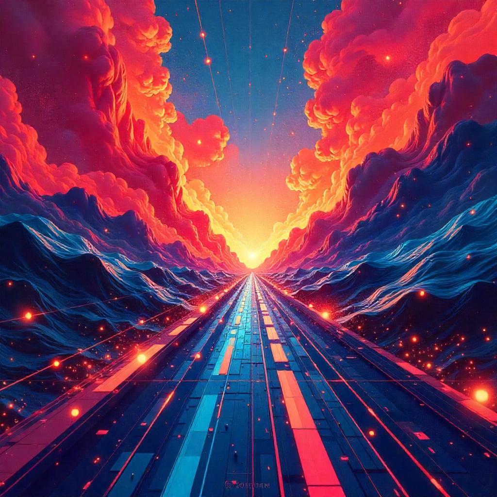 Exemple de réalisation graphique avec intelligence artificielle, c'est une route futuriste dans un paysage fantaisiste