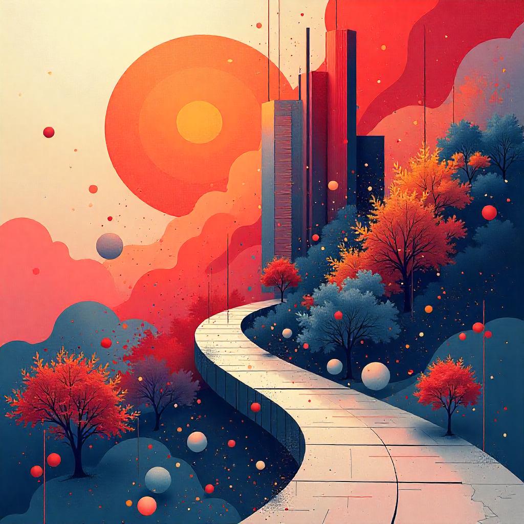 Exemple de réalisation graphique avec intelligence artificielle, c'est un paysage futuriste avec des formes colorées