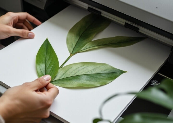 Image illustrant l'impression écologique avec une imprimante imprimant une feuille de plante