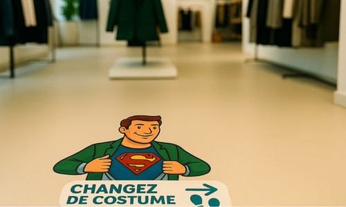 Exemple de nudge marketing avec un sticker inspiré de superman pour inciter les clients à passer par les cabines d'essayage d'une boutique de vêtements