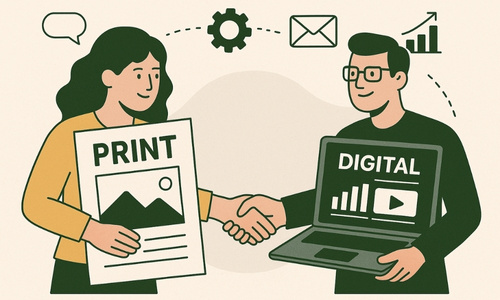 marketings print et digital travaillant main dans la main pour une stratégie de marque optimale face aux transformations de l'ia sur le secteur numérique et le zéro click