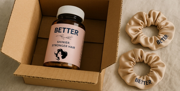 d'asilage de colis pour une marque de compléments alimentaires pour la santé des cheveux avec un goodie type chouchou personnalisé