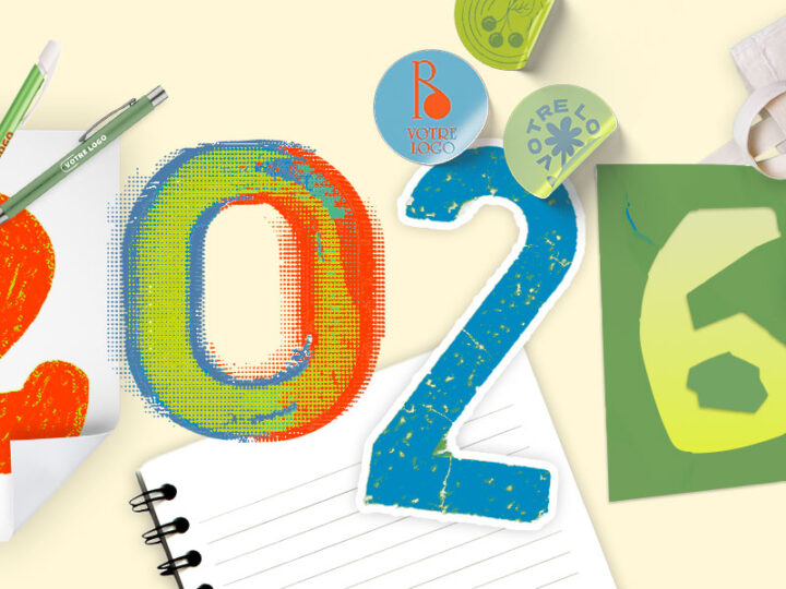 Les tendances graphiques de 2026 avec de la typograhpie et des produits print et goodies